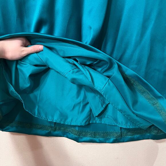 David's Bridal Satin A Line Draped Gown Beaded Neckline Strapless Turquoise - Picture 9 of 13